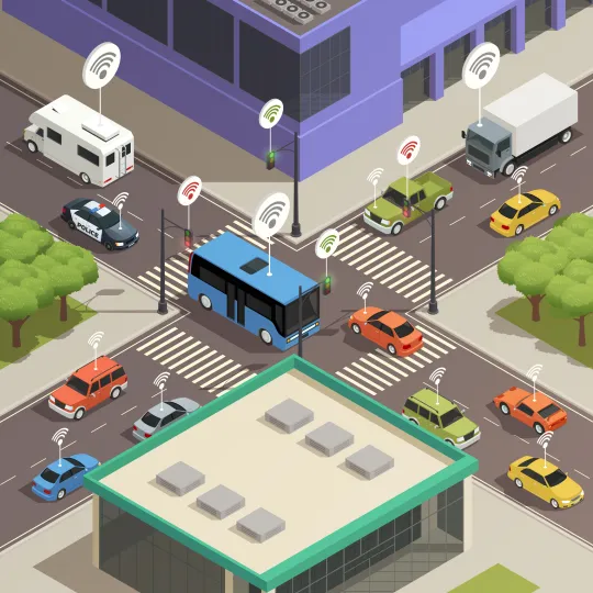 a isometric view of a city street with cars and buildings