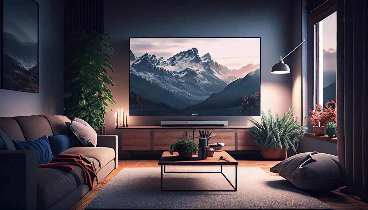 Relaxing living room with a large TV and breathtaking mountain scenery.