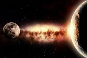 Earth and moon depicted in an artist's impression. Challenges in detecting dark matter with pulsars.