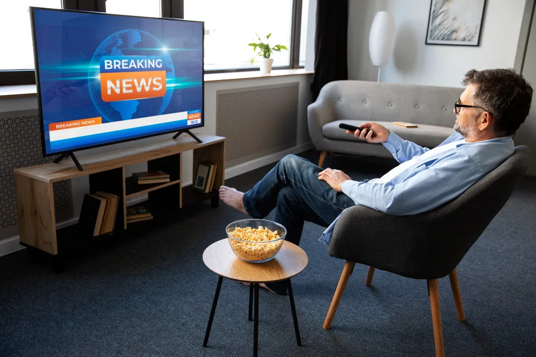 A man sitting in a chair getting news from his television in his living room.