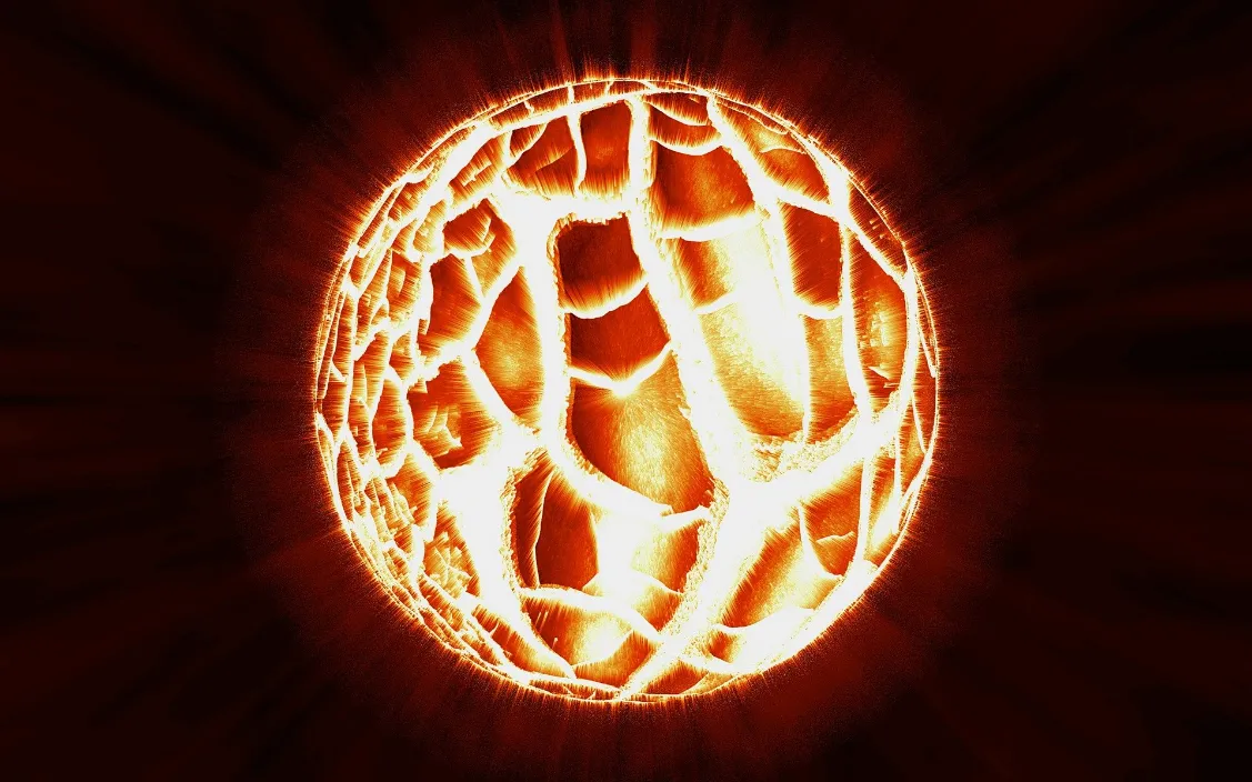 Glowing fireball illuminates the darkness, symbolizing the triggering of new stars and galaxies through supernovas.