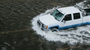A white truck cautiously traversing flooded terrain amidst natural disaster warning signs and scientific explanation.