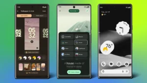 Three phones displaying unique themes, including nature, technology, and abstract designs.