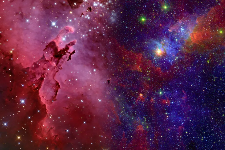 Two contrasting views of a nebula in the Milky Way, showcasing its diverse colors.