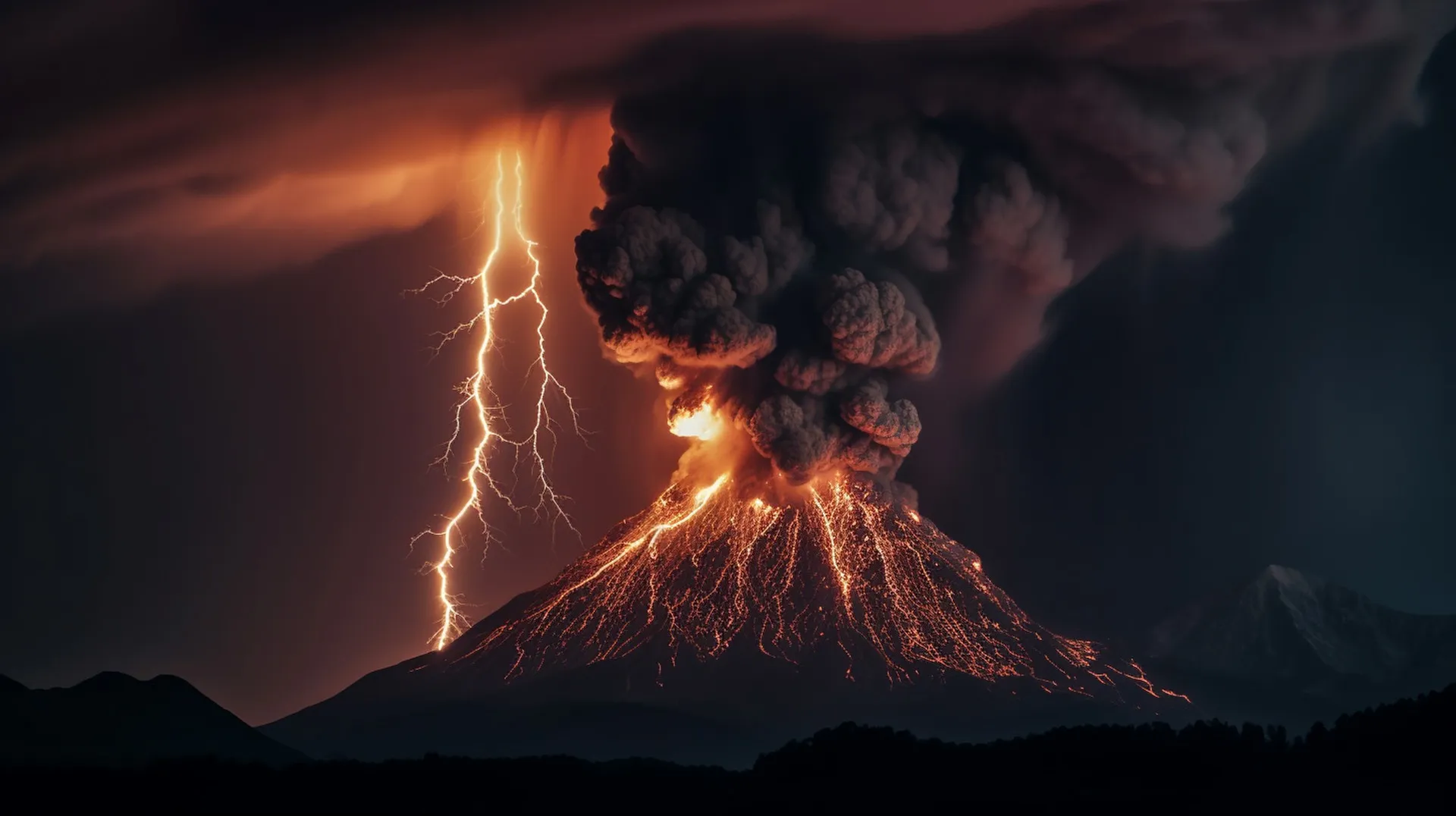 A dramatic volcanic eruption spewing smoke and lightning, showcasing the raw power of nature's fury.