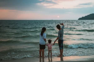 A couple and a child holding hands while walking on the beach.