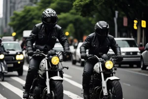 Two men on motorcycles speeding through a bustling city street, surrounded by tall buildings and traffic.