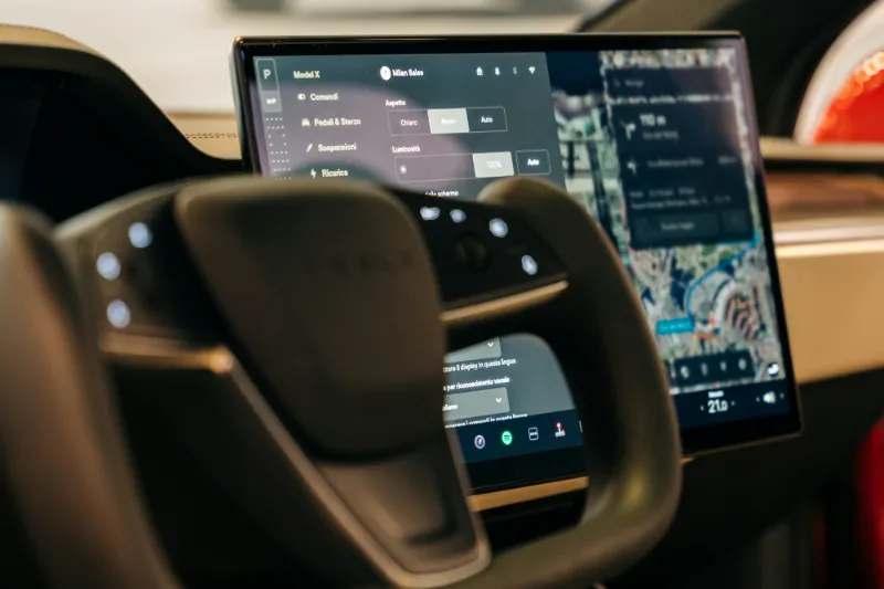 Tesla car interior with dashboard.