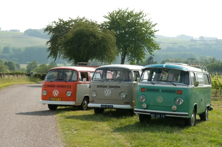 Three parked vans on a road, showcasing different colors and sizes, ready for transportation.