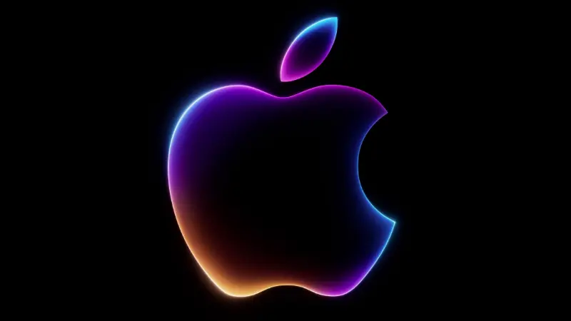 Neon-glowing Apple logo on a black background, likely used for Apple's WWDC 2024 preview.