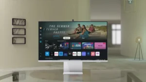 Samsung Smart Monitor M8 displaying streaming apps and Prime Video's.