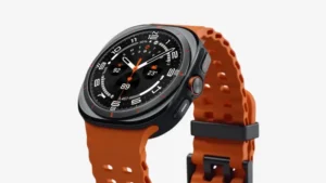 Galaxy Watch Ultra with orange strap, showcasing advanced features.