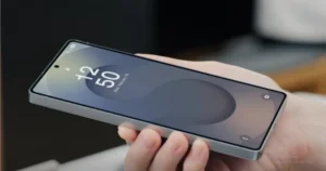 A person showcases a Samsung foldable phone's sleek design and features.